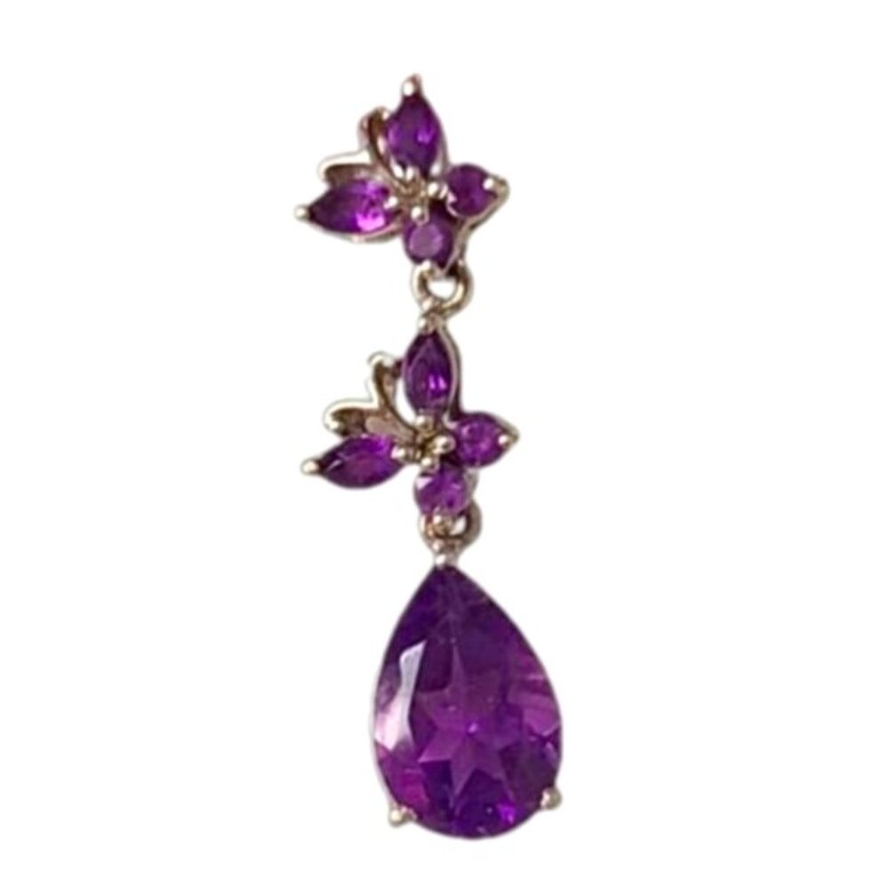 Vintage Sterling Silver Purple Amethyst Crystal Butterfly Flower Drop Pendant